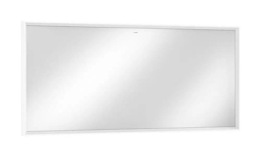 Spiegel mit LED-Beleuchtung in Mattweiß, ausgestattet mit einem IR-Sensor. Das Produkt stammt von Hansgrohe und zeigt eine klare reflektierende Oberfläche.